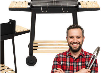 Houtskool barbecue -Op Wielen - BBQ - Asopvangbak - Kunststof - RVS - Zwart - Houtlook - 5 Standen
