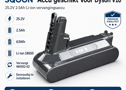SQOON® Accu geschikt voor Dyson V10 – 25.2V 2.5Ah Li-ion vervangingsaccu