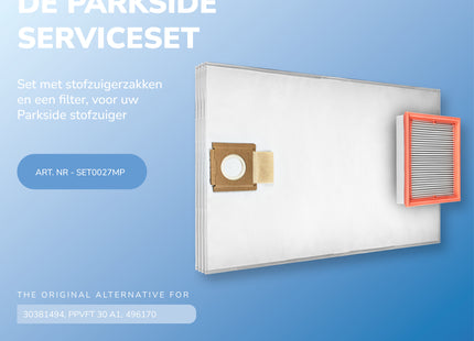 SQOON® Serviceset geschikt voor Parkside PPWD 30 - Gelijk aan model: 30381494, PPVFT 30 A1 - Ideaal voor het vervangen van stofzakken en filter in nat- en droogzuigers