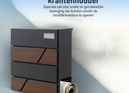 Brievenbus - Wandbrievenbus - Hangend - Staal - Antraciet - Houtlook - 10,5 x 37 x 37 cm