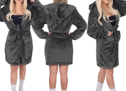 Badjas - Fleece - Donkergrijs - Capuchon - Riem - Maat S/M