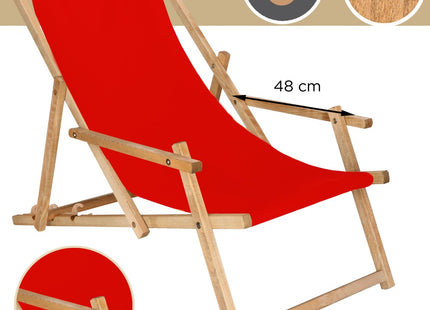 Ligbed | Strandstoel | Ligstoel | Verstelbaar | Arm Leuning | Beukenhout | Geïmpregneerd | Handgemaakt | Rood