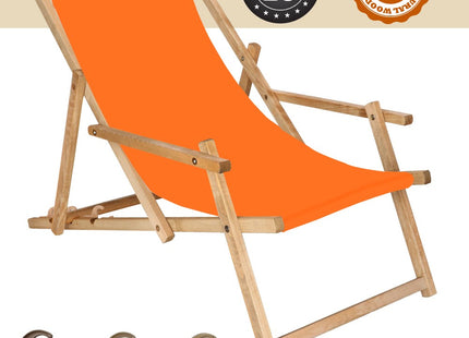 Ligbed | Strandstoel | Ligstoel | Verstelbaar | Arm Leuning | Beukenhout | Geïmpregneerd | Handgemaakt | Oranje