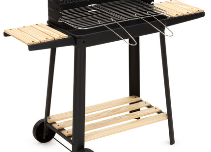 Houtskool barbecue -Op Wielen - BBQ - Asopvangbak - Kunststof - RVS - Zwart - Houtlook - 5 Standen