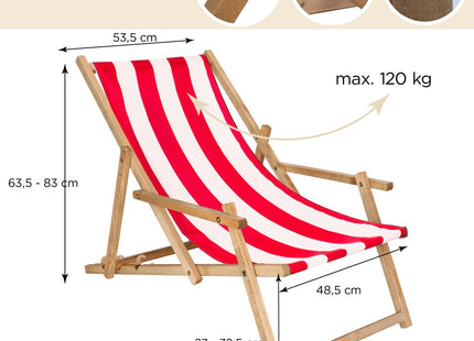 Ligbed | Strandstoel | Ligstoel | Verstelbaar | Arm Leuning | Beukenhout | Geïmpregneerd | Handgemaakt | Rood Wit