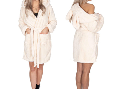Badjas - Fleece - Konijn - Beige - Capuchon - Riem - Maat L/XL