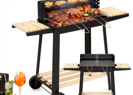 Houtskool barbecue -Op Wielen - BBQ - Asopvangbak - Kunststof - RVS - Zwart - Houtlook - 5 Standen