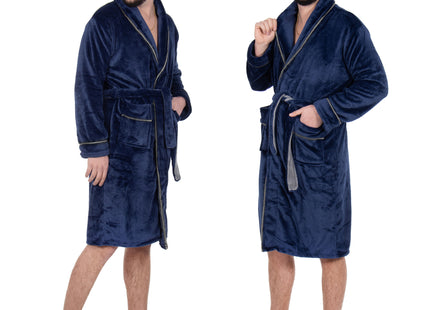 Badjas - Fleece - Marineblauw - Grijstint - Capuchon - Riem - Maat M/L
