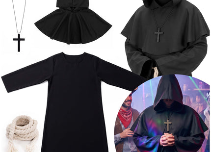 Monnikenkostuum - Volwassenen XL – Zwarte Monnikspij met Capuchon – 4-Delig Verkleedpak met Kruis en Koord – Halloween en Carnaval – 182-188 cm