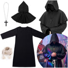 Monnikenkostuum - Volwassenen XL – Zwarte Monnikspij met Capuchon – 4-Delig Verkleedpak met Kruis en Koord – Halloween en Carnaval – 182-188 cm