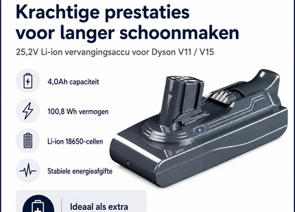 SQOON® Accu geschikt voor Dyson V11 / V15 stofzuiger - 25,2V 4,0Ah Li-ion click - gelijk aan 970938-01 - voor modellen met rode knop