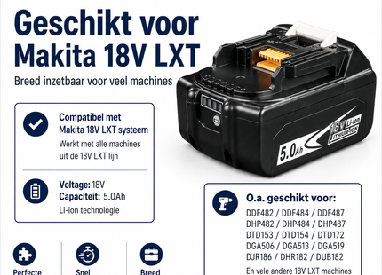 SQOON® Accu geschikt voor Makita 18V LXT – 5.0Ah Li-ion – Met LED-indicator