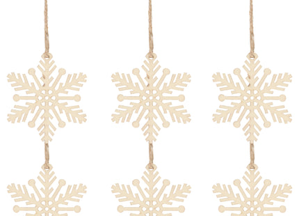 Kerstversiering | Kerstdecoratie voor binnen | Kersthanger | Sneeuwvlok | Hout | 6 Stuks | 7 cm