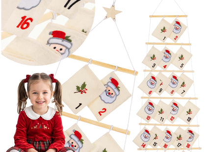 Adventskalender 24 Zakjes – Hangende Kerstkalender 100 cm – Vilt en Hout – Herbruikbare Adventskalender om Zelf te Vullen – Meerkleurig