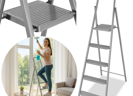 Huishoudtrap - Ladder - Keukentrapje - 5 - Etages - Antislip - Opvouwbaar - Grijs - 150 KG - Grijs